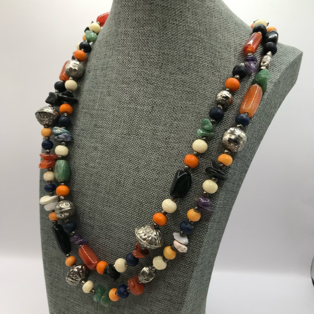 Double Strand Multicolor Semi Precious Beaded Necklace - Picture 3 of 13